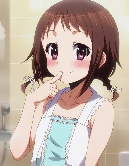 score_9, score_8_up, score_7_up, source_anime, rating_explicit, BREAK <lora:Wakana_Misato_XL:1> Wakana_Misato, brown hair, short hair, twin braids, purple eyes, brown eyes,
solo, smile, flower, blush, looking at viewer, upper body, finger to mouth, dress, collarbone
bath room,