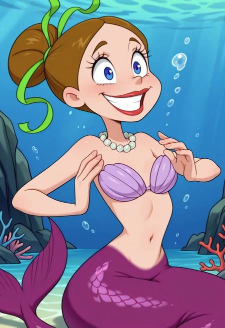 detailed background, solo, 1girl, FtpdMermaid, mermaid, red lipstick, brown hair in a bun, green hair tie, pearl necklace, purple shell bra, purple mermaid tail, smiling, (((expressive))), head movement, tail shown, solo, ((body movement, hand movement)), underwater, sea life, coral, detailed sea scenery, bubbles, detailed scenery, masterpiece, best quality, amazing quality, absurdres, newest, high res, ultra detailed, best quality, best artwork, detailed eyes, (eyes focus), perfect eyes, big iris, pupils visible, 4k, ultra quality, perfect face