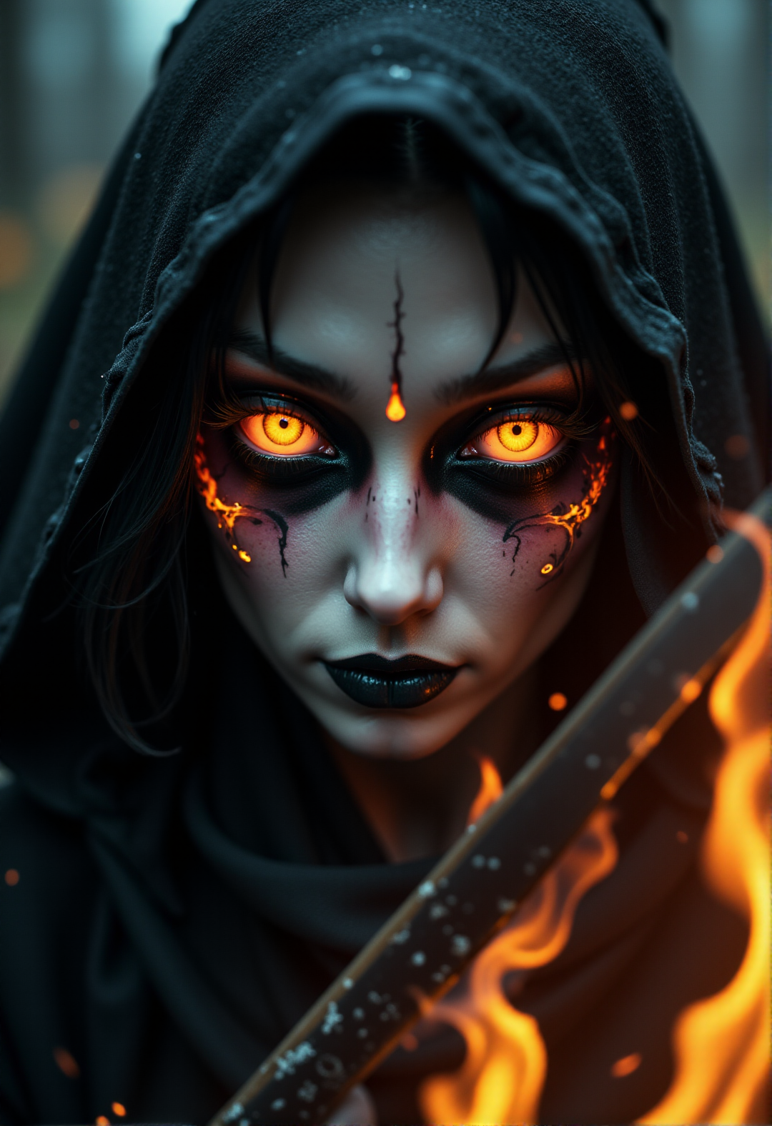 Horror-themed сlose-up. The battle witch. (katana flaming sword in front of you, shiny metal:1.3). (black gaping eyes, fire in the eyes:1.2). (black-fire pupils:1.2). Black veins, black lips and black mouth paint. Pale gray face, pale dry lips. Glare, flying particles of flame and embers. Scary and mystical atmosphere.
 <lora:DarksunRiddV4:1> 
<lora:New_Fantasy_CoreV4_FLUX:1>
 <lora:FL-bailing-24-0906Fire Spirit:0.7> bailing_fire, A girl made entirely of flames stands. Eerie, unsettling, dark, spooky, suspenseful, grim, highly detailed