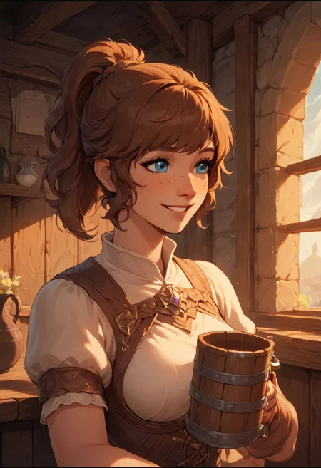 score_9, score_8_up, score_8_up, 1girl, sexy 20yo white caucasian girl, happy, smiling, friendly, girl drinking ale from mug, (((fantasy adventurer))), (brown hair), ponytail, bangs, sidelocks, short hair, freckles, blue eyes(medium breasts;1.3) narrow source comic book, pastel colors, high res image, masterpiece, fantasy tavern