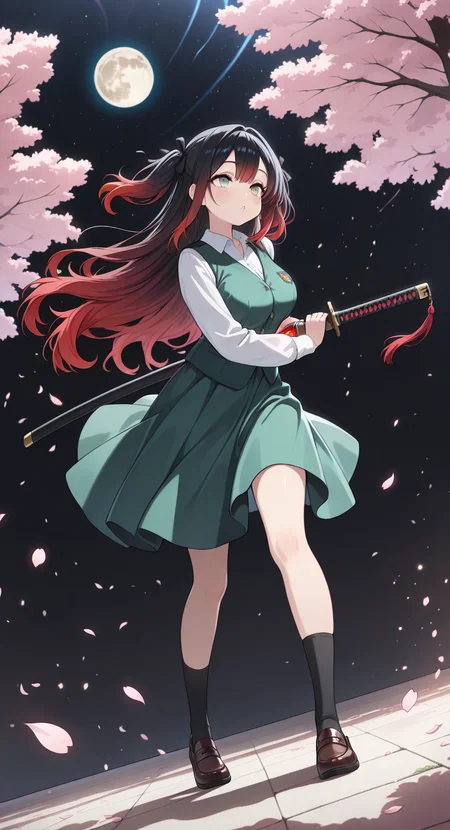 masterpiece, cute, lovely, newest, absurdres, (best quality:1.3), amazing quality, very aesthetic, 1girl, solo, high_resolution, hq, 4k, BREAK. high gradient eyes, long hair, green eyes, (red and black hair),very long red hair, streaked hair, multicolored hair, gradient hair, two side up, sidelocks, very cute, light particles, cute details, cute colors, mature woman, (big_breasts:0.6), BREAK,
hairband, hair ribbon, black ribbon, white shirt, collared shirt, green vest, green skirt, socks, beautiful face, beautiful eyes, glossy lips, glossy hair, (full body:1.1), (release particles light:1.1), (floating particle light:1.1), rainbow glowing aura body, rainbow magic array, accurate anatomy,
BREAK
katana, (detailed katana:1.2), sheath, drawing a katana, unsheathing a katana, (battoujutsu stance:1.1), dynamic pose, fighting stance, ready to draw,
BREAK
cherry blossom tree, cherry blossoms, blowing in the wind, windy, midnight, moon light, (soft lighting:1.1), stars, vivid colours, gradient color, tense atmosphere, illuminated face, cinematic angle, dutch angle, dynamic angle