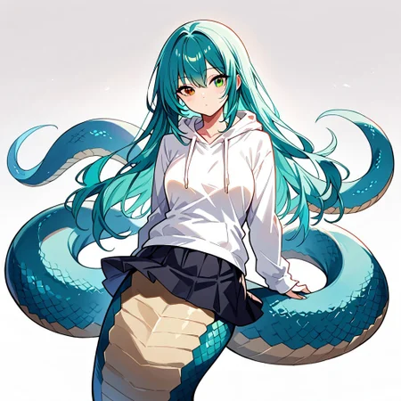 score_9, score_8_up, score_7_up, l3a, monster girl, lamia, heterochromia, green eyes, red eyes, aqua hair, hoodie, skirt