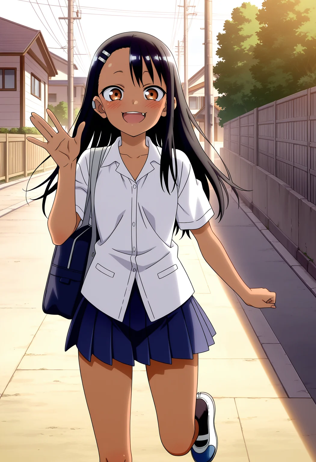 masterpiece, best quality, absurdres, highres, 1girl, <lora:anime_screencap:1>, anime screencap, anime coloring, 2d, nagatoro hayase, dark skin, waving, :d, fang out, upper teeth only, leg up, school bag, shoulder bag, street, house, utility pole, light blush, sidelighting, looking at viewer, close-up