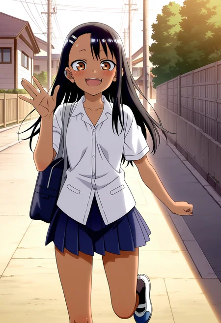 masterpiece, best quality,  absurdres, highres, 1girl,  <lora:anime_screencap:1>, anime screencap, anime coloring, 2d, nagatoro hayase, dark skin, waving, :d, fang out, upper teeth only,  leg up, school bag, shoulder bag, street, house, utility pole, light blush, sidelighting, looking at viewer, close-up