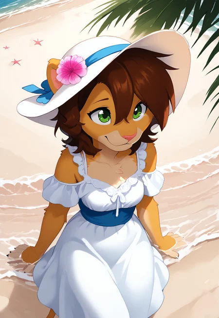 score_9, score_8_up, score_7_up, score_6_up, high detail, 4k, high resolution, good_hands, Detailed background, beach, dynamic angle, well lit, (Keiko, 1girl, solo, brown hair, furry, female, green eyes, hairband, hair ornament, hair flower, body fur, short hair, bangs, lion ears, 18yo), casual exposure, clothed, clothing, countershading, dress, beach hat