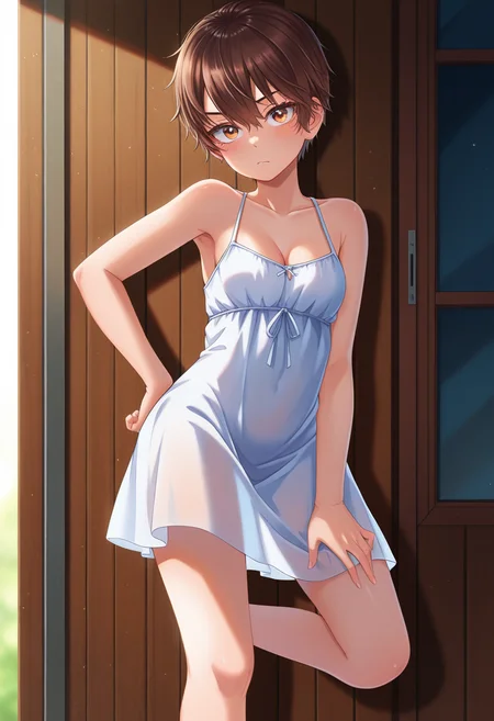 masterpiece, best quality, amazing quality, absurdres, 1girl, solo, asumaww, tomboy, brown eyes, brown hair, short hair, hair between eyes, small breasts, sundress, <lora:Hishikawa_Asuma_Spirited_Girl_ill:0.9>, standing, one hand on hip, one leg slightly bent, head tilted slightly, cleavage, bare shoulders, looking at viewer, skindentation, detailed clothing folds, depth of field, sharp, high contrast, dynamic light