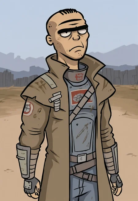 Masterpiece, highest quality, highres, 8k, newest, source_cartoon, IllusP0s, solo, edboi, mnbrow, unibrow, cartoon, RangerArmorStyle, fallout-style, veteran ranger armor, post-apocalyptic, trench coat, coat, military aesthetic, solo, wasteland background, 1person, ncr faction, bar background, detailed background,