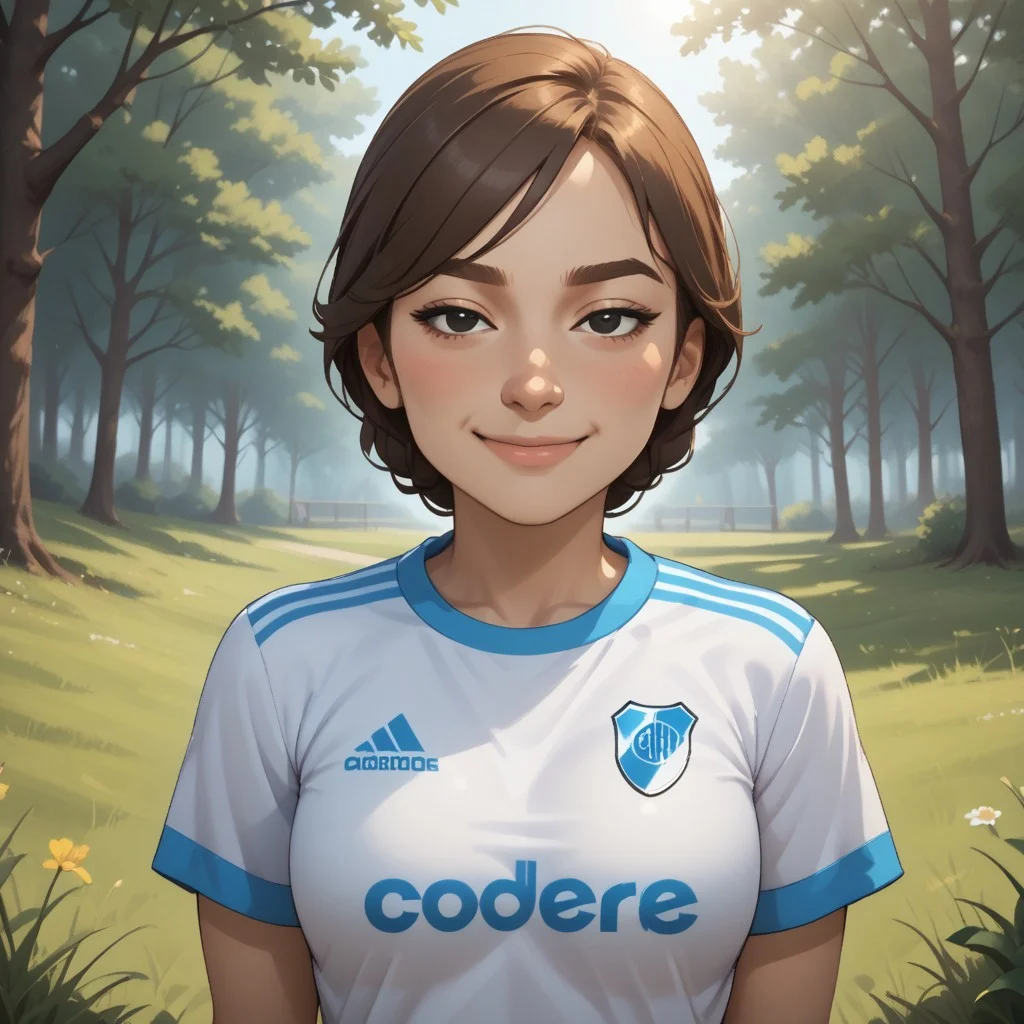 score_9, score_8, BREAK, solo, mii, wii, wii sports resort, female mii, 1girl, cute, brown hair, brown eyebrows, rectangle eyebrows, black eyes, sleepy eyes, half circle eyes, small nose, blush, :I, Hiromi_(\Wii_Sports_Resort\), medium breasts, Nintendo Mii, modern_mii, classic_mii, RiverPlate, striped shirt, striped, shirt, white shirt, short sleeves, clothes writing, sportswear, soccer uniform, sexy pose, self portrait, smile, outdoors, sunlight, shadows, evening lighting, natural lighting, forest, trees, grass, orange sky, sunset