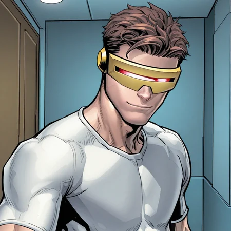 sc0t30m3r1c1c3, brown hair, 1boy, solo, male focus, yellow visor, close up, standing, indoors, room, white t-shirt, looking at viewer, light smile  <lora:Cyclops:1>