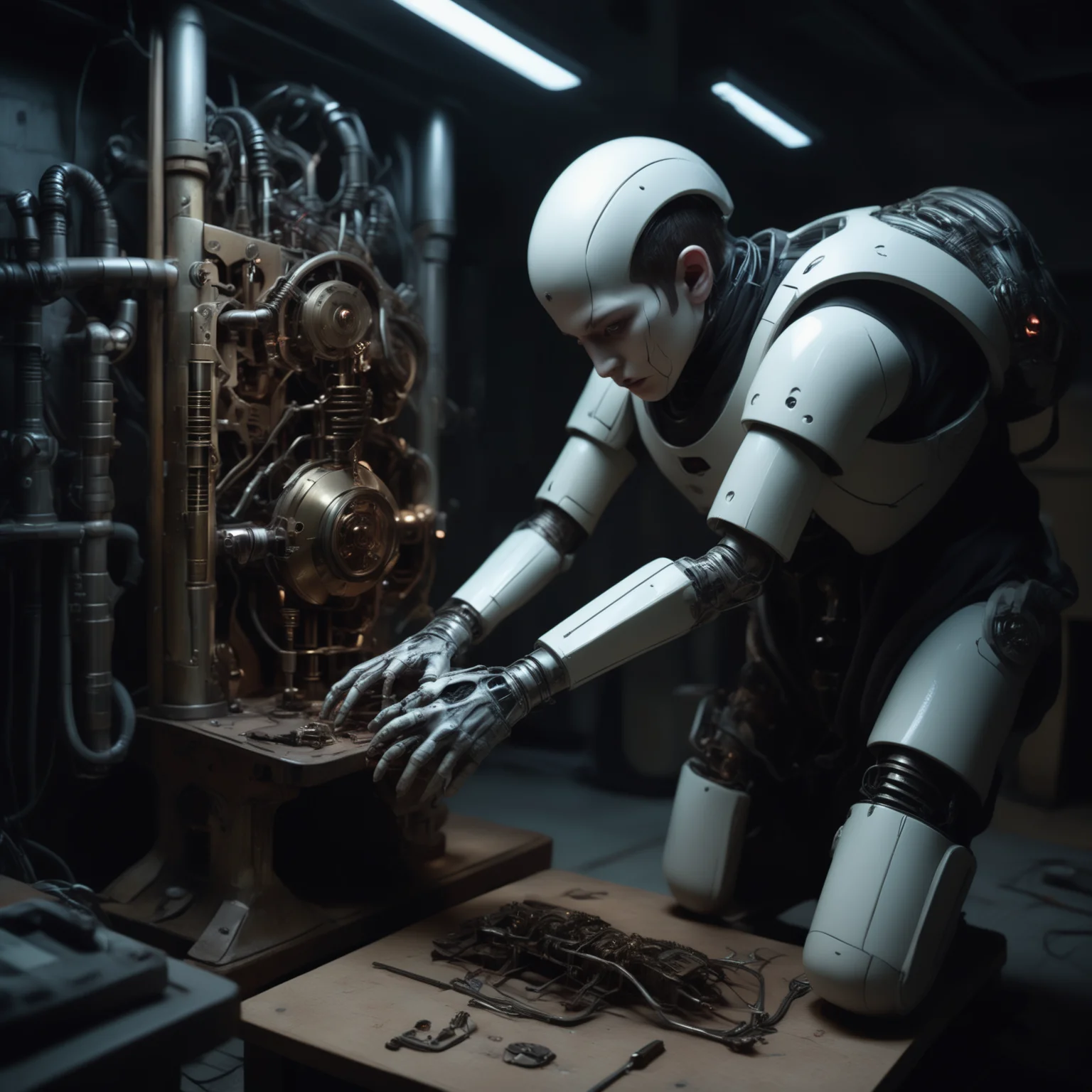 bbuk_style <lora:PureDarkness_RetroSciFi-000060:0.7> a boy with biomechanical limbs desperately trying to fix an old automaton in the basement, darkness