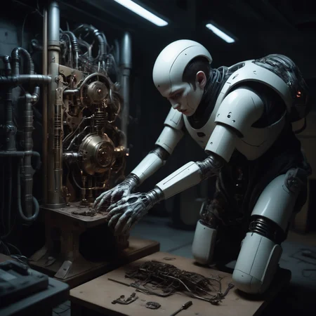 bbuk_style <lora:PureDarkness_RetroSciFi-000060:0.7> a boy with biomechanical limbs desperately trying to fix an old automaton in the basement, darkness