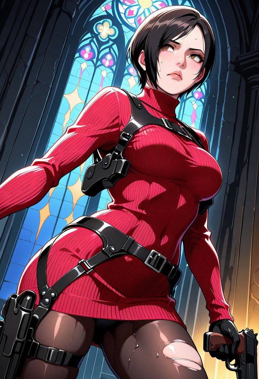 masterpiece, best quality, amazing quality, very aesthetic, absurdres, newest, 8K, depth of field, focused subject, explicit, BREAK 1girl, solo, adawongre4, black hair, brown eyes, turtleneck, sweater, harness, belt, gloves, holster, pantyhose, breasts, shiny hair, shiny skin, wet hair, wet skin, wet body, BREAK gun, handgun, holding gun, weapon, glowing gun, gun reflection, light reflecting on gun, shiny gun, metallic shine, glowing weapon, torn clothes, torn all over, heavily torn clothes, multiple tears, torn chest area, torn pantyhose, torn tights, church, gothic church, stained glass, cathedral interior, stained glass reflections, colored light shafts, light scattering, dark environment, low light, shadowy interior, dimly lit, moody atmosphere, night, from below, cinematic lighting, darkness, combat pose, ready stance, serious expression, focused eyes, heroic composition, heroic angle, wind blowing hair, blowing hair, BREAK anime coloring, dynamic angle, dynamic pose, dutch angle, BREAK source_anime, anime, anime screencap, anime coloring, flat anime, official art,official style, beautiful detailed eyes, high score, great score, looking to the side, looking away, <lora:anime_screencap-IL v-pred:0.8>, <lora:Ada_Wong_Resident_Evil_4_Remake_Illustrious:0.6>, <lora:[EROQUIS! (Butcha-U)] GAME OVERS-RE (Resident Evil) ArtistCG Style Illustrious:0.4>,