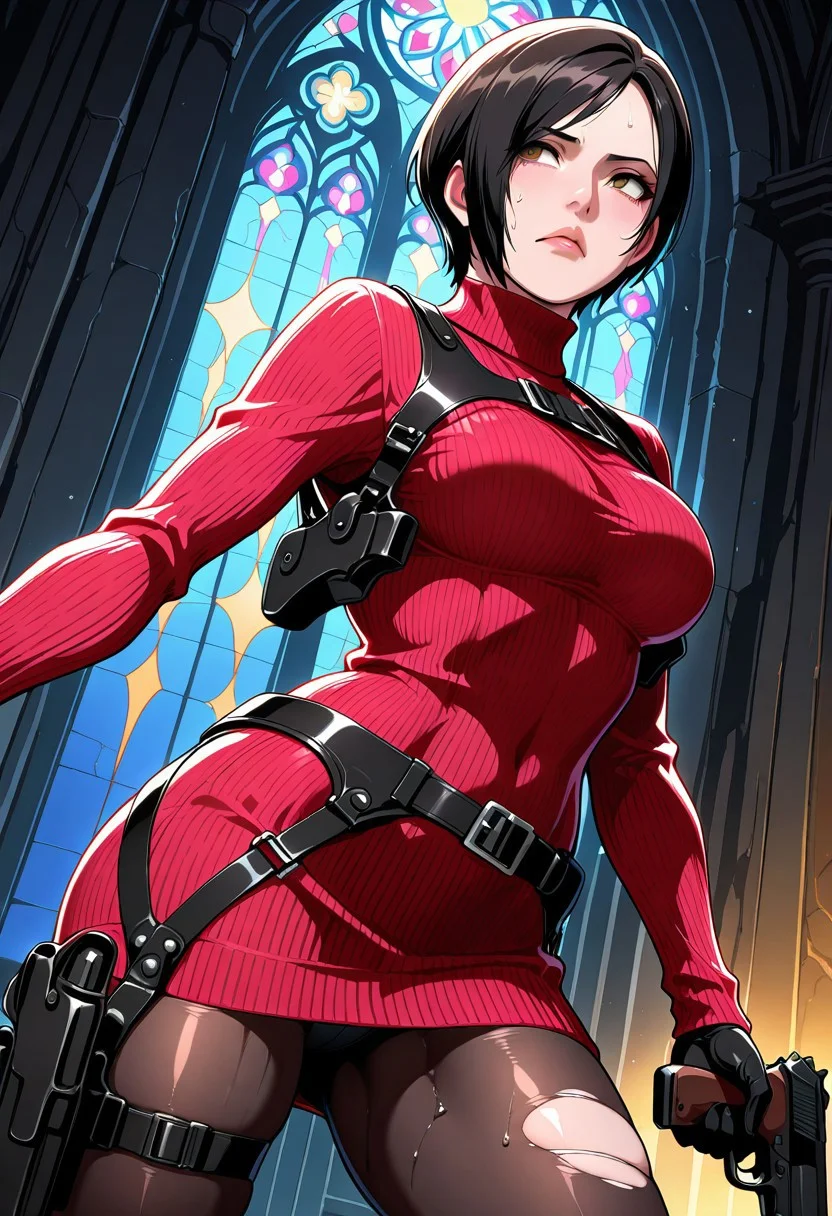 masterpiece, best quality, amazing quality, very aesthetic, absurdres, newest, 8K, depth of field, focused subject, explicit, BREAK 1girl, solo, adawongre4, black hair, brown eyes, turtleneck, sweater, harness, belt, gloves, holster, pantyhose, breasts, shiny hair, shiny skin, wet hair, wet skin, wet body, BREAK gun, handgun, holding gun, weapon, glowing gun, gun reflection, light reflecting on gun, shiny gun, metallic shine, glowing weapon, torn clothes, torn all over, heavily torn clothes, multiple tears, torn chest area, torn pantyhose, torn tights, church, gothic church, stained glass, cathedral interior, stained glass reflections, colored light shafts, light scattering, dark environment, low light, shadowy interior, dimly lit, moody atmosphere, night, from below, cinematic lighting, darkness, combat pose, ready stance, serious expression, focused eyes, heroic composition, heroic angle, wind blowing hair, blowing hair, BREAK anime coloring, dynamic angle, dynamic pose, dutch angle, BREAK source_anime, anime, anime screencap, anime coloring, flat anime, official art,official style, beautiful detailed eyes, high score, great score, looking to the side, looking away, <lora:anime_screencap-IL v-pred:0.8>, <lora:Ada_Wong_Resident_Evil_4_Remake_Illustrious:0.6>, <lora:[EROQUIS! (Butcha-U)] GAME OVERS-RE (Resident Evil) ArtistCG Style Illustrious:0.4>,