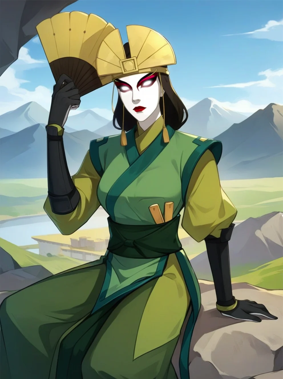 score_9, score_8_up, score_7_up, score_6_up, source_anime, expressiveh,
1girl, ky0shi, white makeup, red makeup, fan headwear, red lipstick, fans, holding fans, Ky0shi outfit, green robe, eyeliner, summer day, expressionless, mountains, sitting, white glowing eyes, <lora:kyoshi:0.9> <lora:Expressive_H:0.2> <lora:add-detail-xl:0.2> <lora:avatar state:0.8> (glowing eyes:1.2)