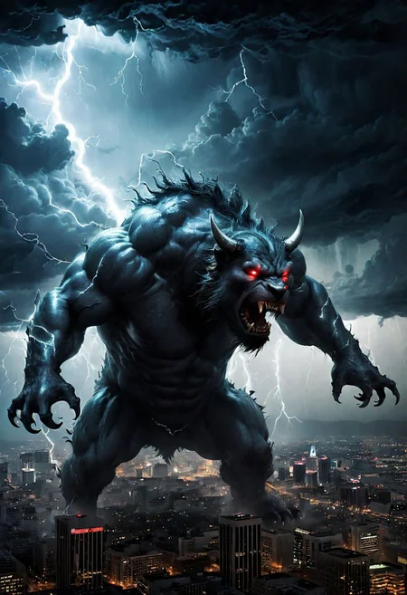 black clouds, rain, lightening, dark, night, ( beast appears from the rolling cloud), The beasts looks down as he towers above the city below, DEVIL SPAWN
