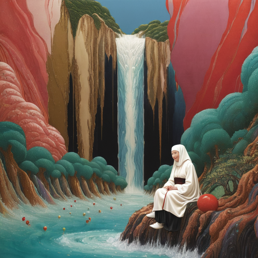 Orientalism xlmrblng15-1300 photo of a Taiwanese nun sitting on a clowns face beside a cliff with a waterfall