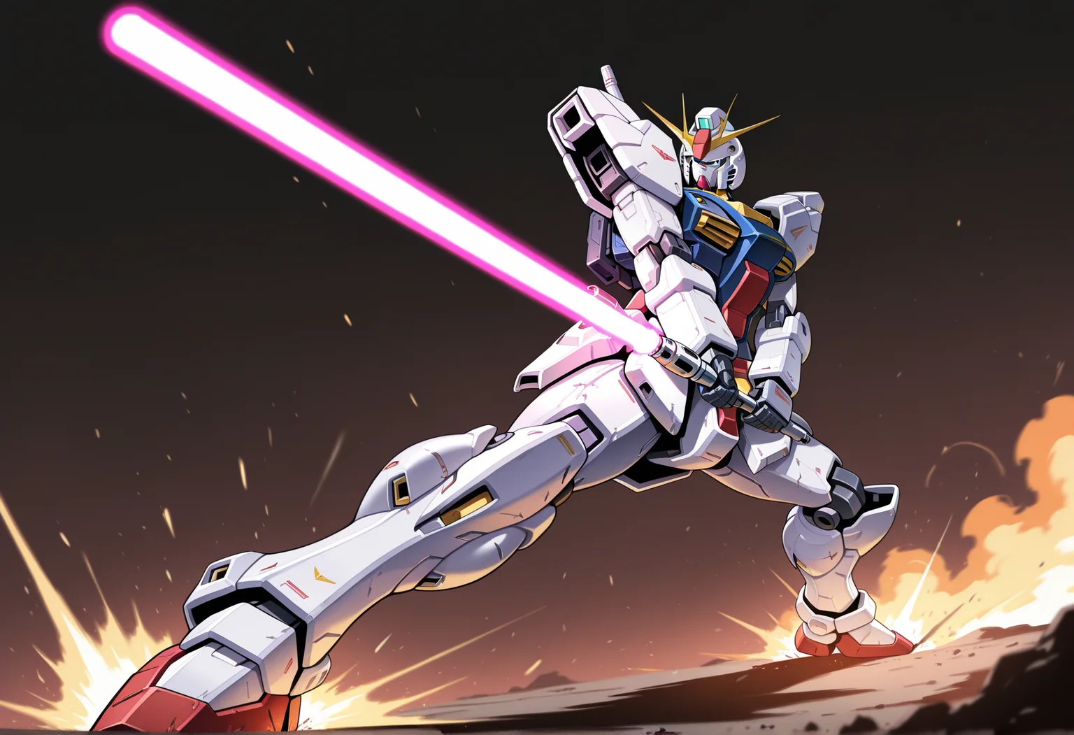 no humans, mecha, gundam, holding lightsaber, brave_pose <lora:Brave_Pose:1>, masterpiece, best quality, amazing quality, very aesthetic, absurdres, highres, newest