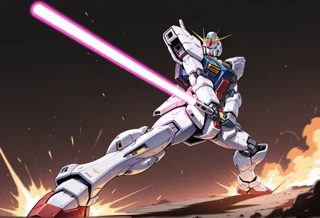 no humans, mecha, gundam, holding lightsaber, brave_pose <lora:Brave_Pose:1>, masterpiece, best quality, amazing quality, very aesthetic, absurdres, highres, newest