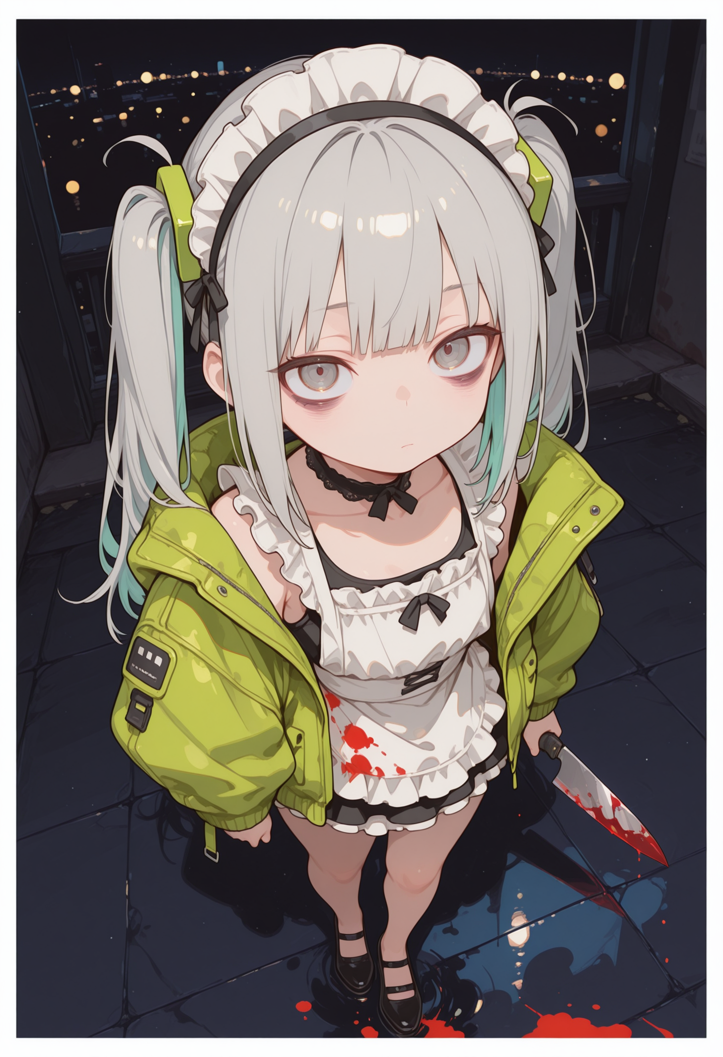 masterpiece, best quality,
1girl, solo, matured woman,
walking to viewer, looking at viewer, ((focus on face)), face focus,
grey hair, long hair, twintails, hair ornament, colored inner hair,
bags under eyes, daze, emotion less,
holding blood stained knife,
oversized neon green jacket, black short tank top,
long victorian maid skirt,
flat chest, chubby, ((chubby thick legs)),  [[[[skinny stomach]]]],
black pumps, no socks ,
night, city alley, ((dynamic perspective)), dutch angle, ((((from above)))), fisheye lens, (close up), full body shot,
background with thick white border, puddle of blood , reflection, ((blood stained clothes)),
depth of field, bokeh, bloom,
S4bit4mago_illu, detailed, h4ra_illu, momosp,
<lora:sdxl_turbo_weghts_beta_v0_1_0:0.3>
<lora:MomoSweetSpaceILL:0.6>
<lora:hara_id_21:0.45>
<lora:S4bit4mago:0.95>
<lora:NOOB_vp1_detailer_by_volnovik_v1:0.45>
<lora:Detailer_NoobAI_Incrs_v1:0.6>
<lora:rupetan:0.5>