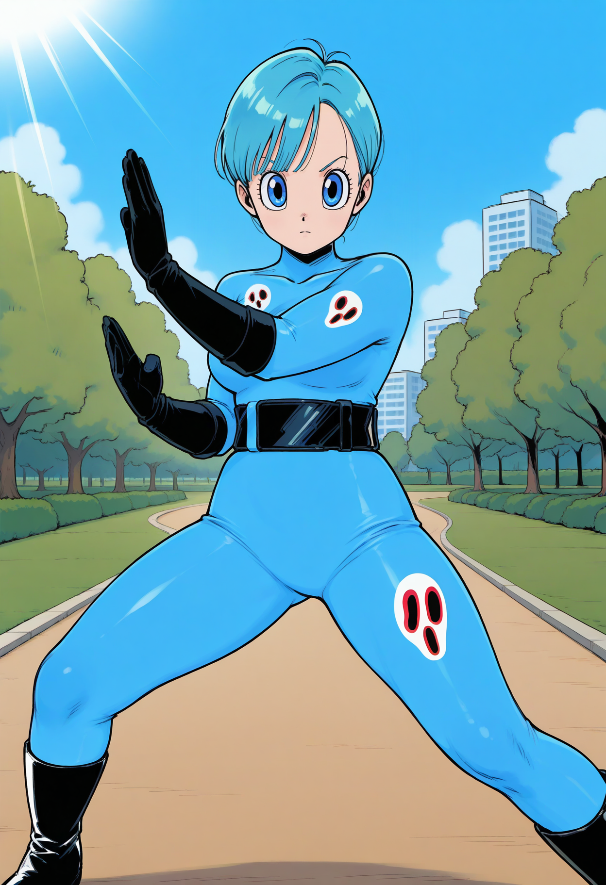 masterpiece, best quality, good quality, <lora:DorodoroIL:1>, Dorodoro, 1girl, no mask, bulma, blue hair, short hair, expressionless,
blue bodysuit, black gloves, black belt, black boots, skindentation, 
fighting stance, 
BREAK nature, park, building, blue sky, sunlight, light rays,