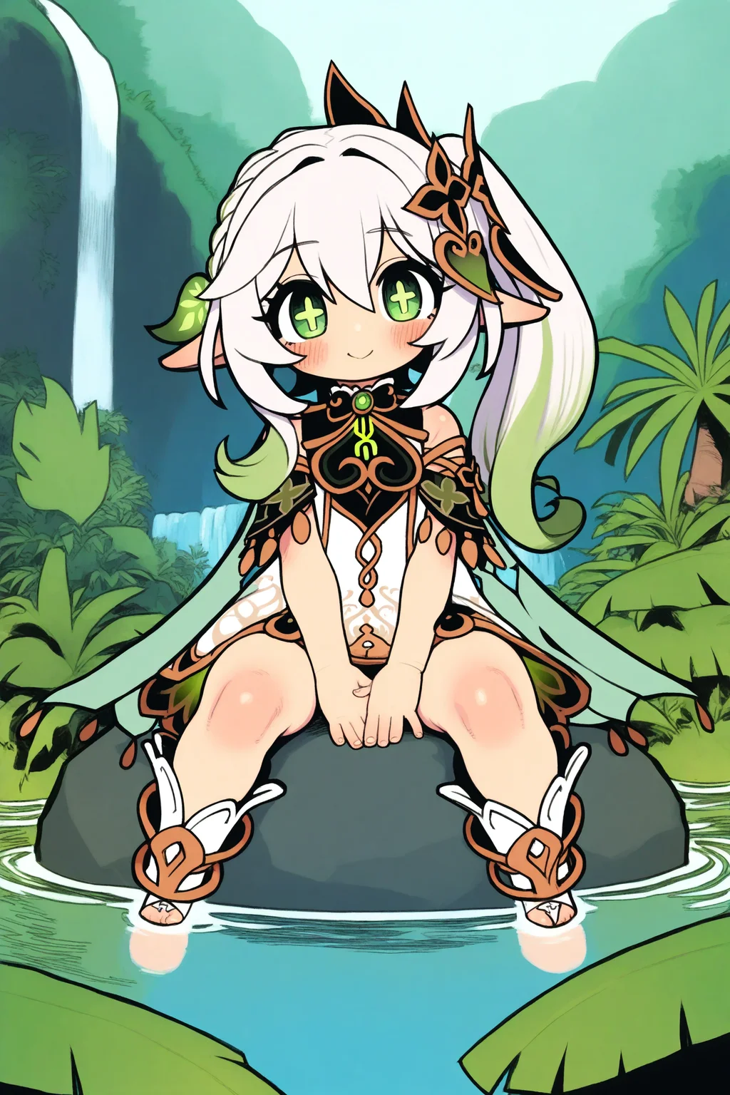 (zankuro:0.3), (opossummachine, wamudraws:0.6), nahida \(genshin impact\), solo, outdoors, sitting on rock, jungle, waterfall, looking at viewer, curious, (cross-shaped pupils, +_+,) slight smile