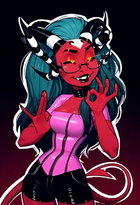 a furry sticker of, white outline:1.4, HCSV1, Helluvabossstyle, helluvastyle, HBstyle, by incase, score_9, score_8_up, score_7_up, score_6_up, score_5_up, best quality, highly detailed, intricate details, extremely detailed, masterpiece, 4k, fine details, subtle soft details, futanari, simple background, black background, ((Imp, demon)), ((red skin with white spots:1.4)), (((black sclera:1.4))), ((glowing orange eyes, orange iris, black pupils, split pupils)), (long demon tail), ((black ram horns:1.5)), ((long teal hair:1.4)), ((purple slave collar)), ((black lipstick)), black eyeliner, plump, cute, medium breasts, cleavage, curvy, long fingerless gloves, large iris, 1girl, solo, (bust shot), eyes partially closed, light blue tongue, half closed eyes, (latex leotard under clothes:1.3), black claws, detailed white teeth, smile, teeth, smiling, happy, mechwear, (corset), bdsm, pink latex bodysuit, zipper, skin tight, pink t-shirt, shorts, shortstack, Barbie Wire, underrim_metal, glasses, under-rim eyewear, black-framed eyewear, pachameme, hands up, ok sign, closed eyes