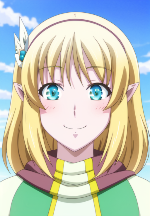 <lora:leadale-Cayna_1:0.8>, leadale-Cayna, 1girl, solo, looking at viewer, blush, smile, closed mouth, sky, pointy ears, cloud, blue sky, portrait, anime coloring