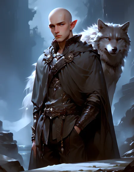 score_9, score_8, score_7, cowboy shot, 1boy, dai_solas,elf, bald, BREAK, oversized animal, black_wolf, black wolf, CONCEPT_Oversized_Animal_ownwaifu wolf, BREAK,  cape, furs, pauldron, standing, dim lighting, perfect quality, high quality, sitting, At night, <lora:DAI_Solas:0.7>