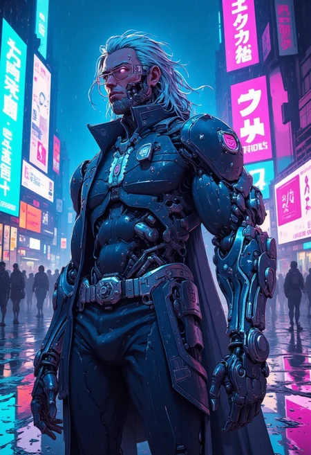 neonpunk, A striking upper portrait of a cyberpunk man standing confidently, looking to the side, agressive posing, the neon glow of holographic billboards and advertisements illuminating his muscled silhouette. His body is a masterful fusion of organic beauty and advanced cybernetic enhancements. Metallic implants run down his arms and legs, glowing softly with energy beneath his smooth, translucent skin, giving him an almost ethereal presence in the urban sprawl. His hair is jet silver, threaded with neon blue fiber optics. His eyes, augmented with data-processing lenses, flicker as he scans his surroundings, and beneath his coat, a powerful exoskeleton glows faintly, augmenting his movements for agility and speed. The rain falls lightly, bouncing off his chrome armor, reflecting the vibrant city lights. <lora:CPA:1> <lora:BLUE_mk4_angel_FLUX_01:0.6> <lora:ck-Neon-Retrowave:0.2>