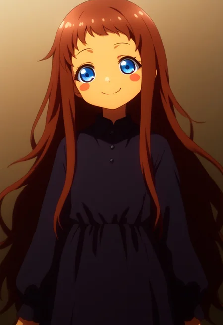 1girl, solo, hina_kyan, brown hair, blue eyes, blush stickers, tan skin, long hair, black dress, dress, long dress, long sleeves, juliet sleeves, long messy hair, @ @, front view, looking at viewer, head tilt, cheesy smile,, highly detailed, freebo_alloy,
absurdres, high quality, score_7_and_up