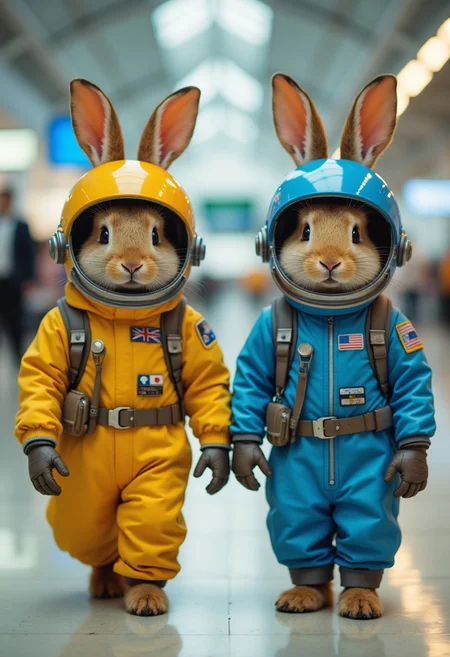 3 tiny space bunnies wearing yellow and blue space suit, with a round helmet with metalic rabbit ears, wondering in an airport for space bunnies, funny, playful, high-speed action shots. intense cinematic , raw, analog blankmj l10nhe43t