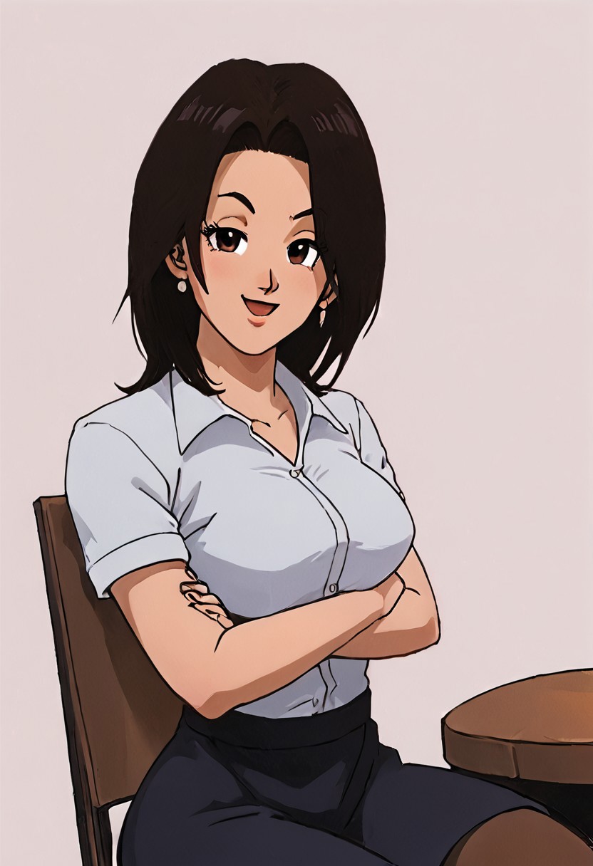 embedding:urn:air:sd1:embedding:civitai:222256@250708, score_9, score_8_up, score_7_up,, source_anime, rating_explicit, 
BREAK 
1woman,solo， Chi Chi, large breasts, suit, black shirt, short sleeves, short skirt, black skirt, brown pantyhose, smug, 
BREAK 
Simple background, chair, sitting on a chair,
