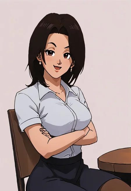 embedding:urn:air:sd1:embedding:civitai:222256@250708, score_9, score_8_up, score_7_up,, source_anime, rating_explicit,
BREAK
1woman,solo, Chi Chi, large breasts, suit, black shirt, short sleeves, short skirt, black skirt, brown pantyhose, smug,
BREAK
Simple background, chair, sitting on a chair,