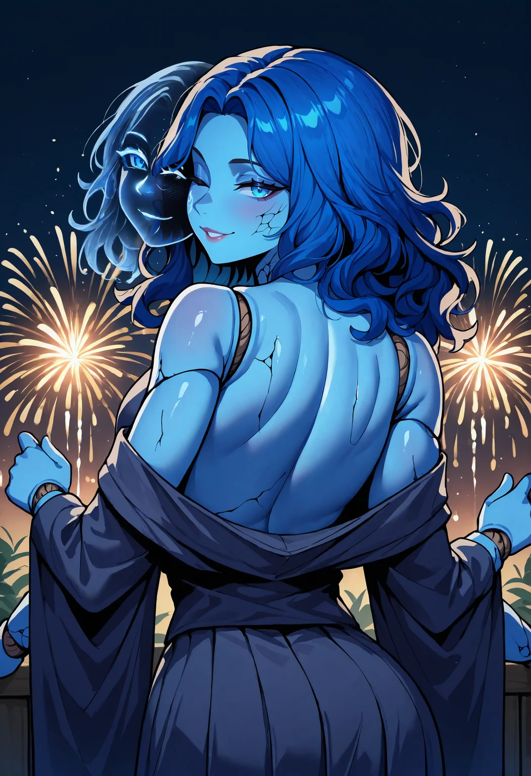 masterpiece, best quality, newest, absurdres, highres, 1girl, RnnDef, blue eyes, one eye closed, blue hair, wavy hair, (4 arms:1.4), extra faces, ghost face, blue skin, colored skin, cracked skin, doll joints, <lora:Ranni_illusXLNoobAI_Incrs_v1-000012:1>, seductive smile, night, dark enviroment, high contrast, kimono, off shoulder, from behind, fireworks, night, dark enviroment, seductive smile, shoulder blades, bare back,