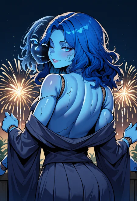 masterpiece, best quality, newest, absurdres, highres, 1girl, RnnDef, blue eyes, one eye closed, blue hair, wavy hair, (4 arms:1.4), extra faces, ghost face, blue skin, colored skin, cracked skin, doll joints, <lora:Ranni_illusXLNoobAI_Incrs_v1-000012:1>, seductive smile, night, dark enviroment, high contrast, kimono, off shoulder, from behind, fireworks, night, dark enviroment, seductive smile, shoulder blades, bare back,