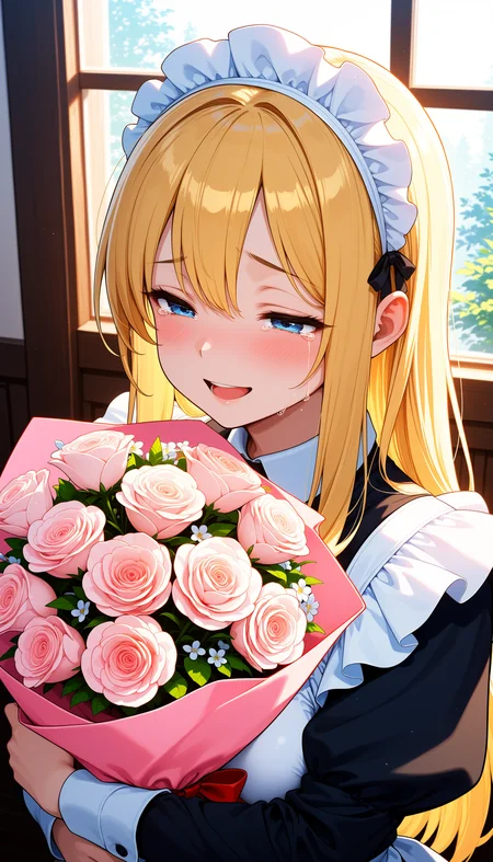detailed,masterpiece,best quality,amazing quality, 1girl, adult female, blonde hair, long hair, blue eyes, maid, half-closed eyes, happy, tears, bouquet, valentine, close-up, indoors,