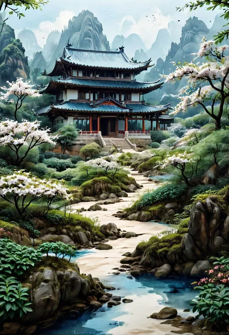 An asian House and Sakura garden made of blue and white porcelain, asian landscape in the background, SimpleNegativeV3,zavy-chnsdrgn, masterpiece, award winning, very detailed, porcellana style