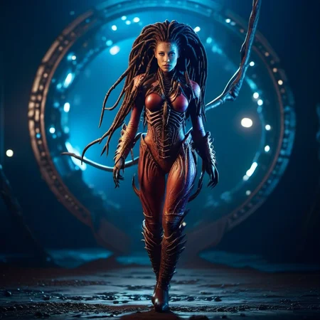 cinematic photo a full body science fiction monster woman, dreadlocks, spaceship<lora:InfestedKerrigan1024:0.8> . 35mm photograph, film, bokeh, professional, 4k, highly detailed