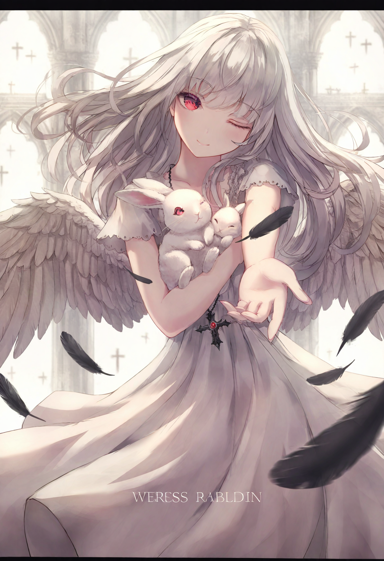 <lora:miss1_noob1.1-000184:0.9>,
1girl, red eyes, long hair, letterboxed, white hair, wings, feathers, solo, one eye closed, cross, rabbit, english text, dress, smile,
masterpiece,best quality,newest,absurdres,highres,very awa,