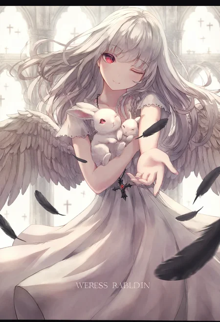 <lora:miss1_noob1.1-000184:0.9>,
1girl, red eyes, long hair, letterboxed, white hair, wings, feathers, solo, one eye closed, cross, rabbit, english text, dress, smile,
masterpiece,best quality,newest,absurdres,highres,very awa,