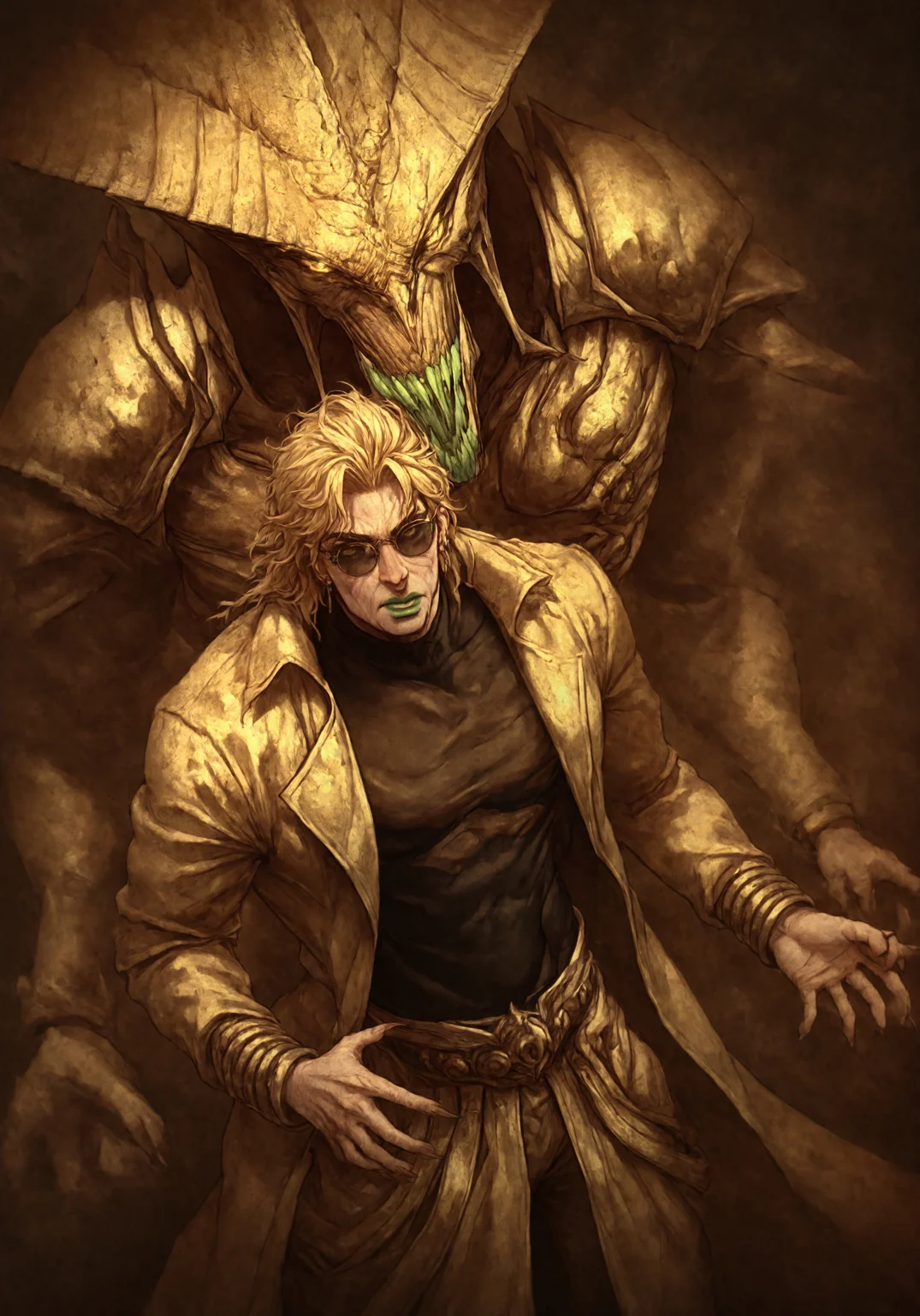 masterpiece, best quality, newest, absurdres, highres, D3CSPS-V1.0, brown theme, sepia, 1boy, dio brando \(jojo no kimyou na bouken\),with stand on the back of him,in relief gold armour,sculpted body,in matte shiny sunglasses,in his trapezoid classical helmet,stands in an unwavering pose, unwavering expression, with a large jaw, with a wide square chin, with masculine, pronounced facial features, even skin tone, light skin tone with light scars or unevenness for realism, smooth skin, cold, wary gaze,Dio himself is blonde, green lipstick, long fingernails, green lips, jewelry, yellow eyes, yellow jacket, black shirt,