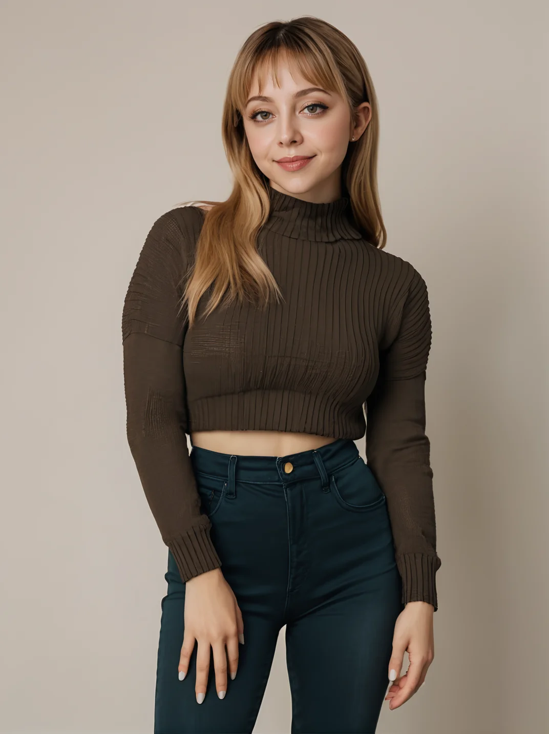 30yo felicitysynthxl, full body, standing, neutral background, sultry,
wearing a tight knit sweater