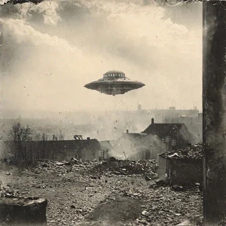 B&W 35mm vintage photo of a UFO in a WW2 picture, destroyed city backdrop