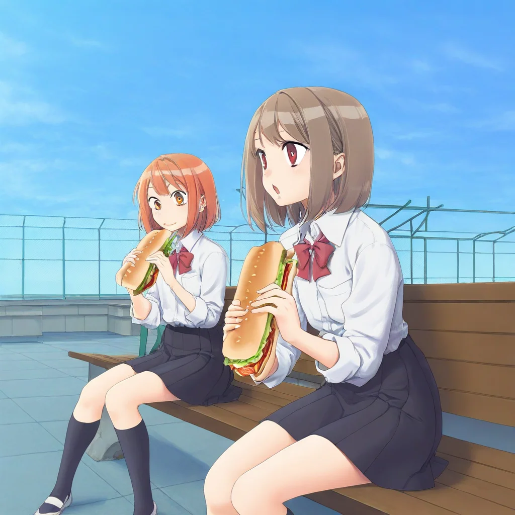 school rooftop,2girls,sitting on bench,brown bench,school girl,black skirt,holding sandwich,lunch,day,sky,outdoors