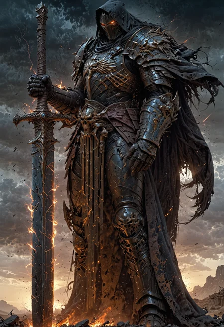 A radiant warrior of light, cloaked in armor made of shadows, stands tall amidst the chaos of an apocalyptic landscape. The figure exudes a sense of power and determination, wielding a massive sword with a dark, ominous gleam. This mesmerizing image, whether painted or digitally rendered, captures the heroism and darkness of the character with vivid detail. The intricate design and stunning color palette make this a truly captivating piece that evokes a sense of epic battle and sacrifice. <lora:EpicF4nta5yXL:0.8>