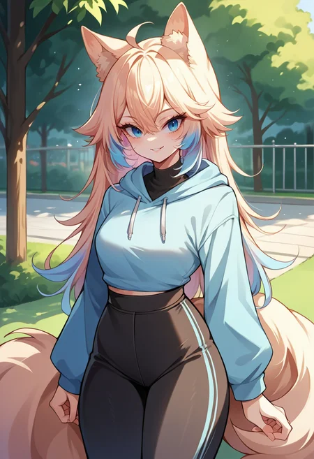 score_9, score_8_up, source_anime, 1girl, solo, NayamiPF, animal ears, blue eyes, multicolored hair, long hair, hair between eyes, ahoge, tail, outdoors, park, blue hoodie, high-waist pants, yoga pants, black pants, light blush, smile, <lora:ChamNayamiPeachfoxPonyXL:1>