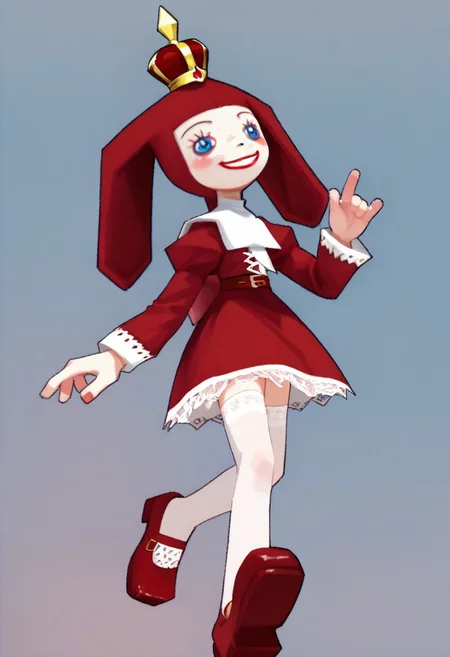 score_9, score_8_up, score_7_up BREAK PriZuDDR, 1girl, red gold crown, red headdress, blue eyes, red lipstick, white collar, long-sleeved red dress, red belt, buckle, white lace trims, white frills, white petticoat, white stockings, red platform shoes,