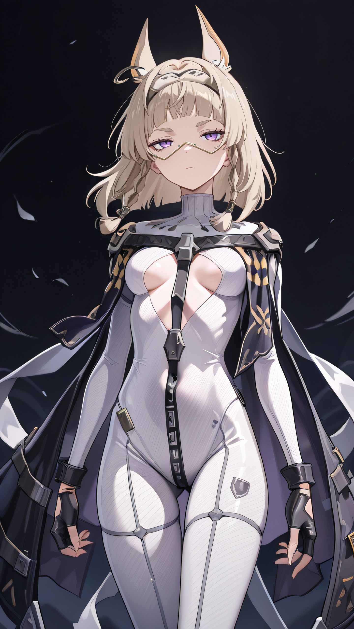 ,masterpiece,best quality,newest, <lora:Meredith_IL_Strinova:0.9>  meredithil, anime, skinny, 1girl, solo, bangs, braid, purple eyes, animal ears, fingerless gloves, black gloves, bodysuit, breasts, dark background,