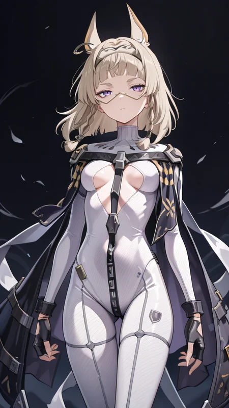 ,masterpiece,best quality,newest, <lora:Meredith_IL_Strinova:0.9> meredithil, anime, skinny, 1girl, solo, bangs, braid, purple eyes, animal ears, fingerless gloves, black gloves, bodysuit, breasts, dark background,
