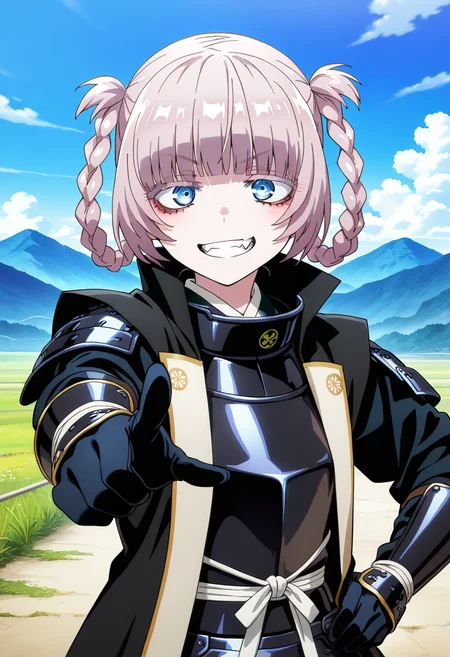 masterpiece, best quality, absurdres, detailed skin, anime colored, anime screencap,
<lora:YofukashiNoUta_NanakusaNazunaXL:0.8>, nanakusa nazuna \(yofukashi no uta\),
1girl, grin, open mouth,
pink hair, short hair, braid, hair rings, blue eyes, fang, facing viewer,
<lora:jinbaori:0.8>, jinbaori, armor, hand on own hip, pointing at viewer, gauntlets, shoulder armor,
mountainous horizon,